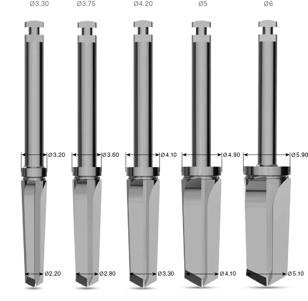 Типоразмеры финальных фрез для имплантатов SEVEN